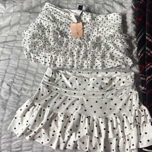SHEIN White and Black Polka Dot Ruffle Skirt Set